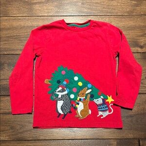 Mini Boden Red Long Sleeve Tee with Festive Forest Appliqué